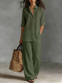 Set di pantaloni e camicia da donna in cotone e lino casual