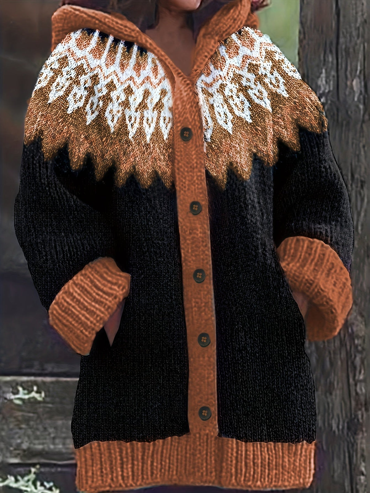Gulnur | Cardigan con Cappuccio a Motivo Nordico