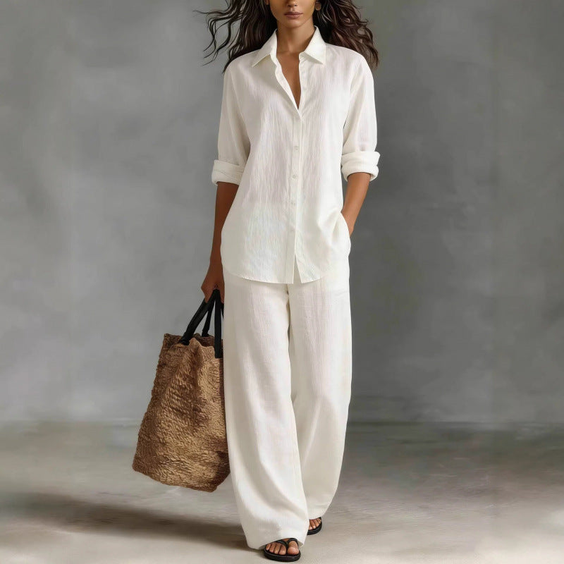 Completo Camicia e Pantaloni Casual in Cotone e Lino da Donna