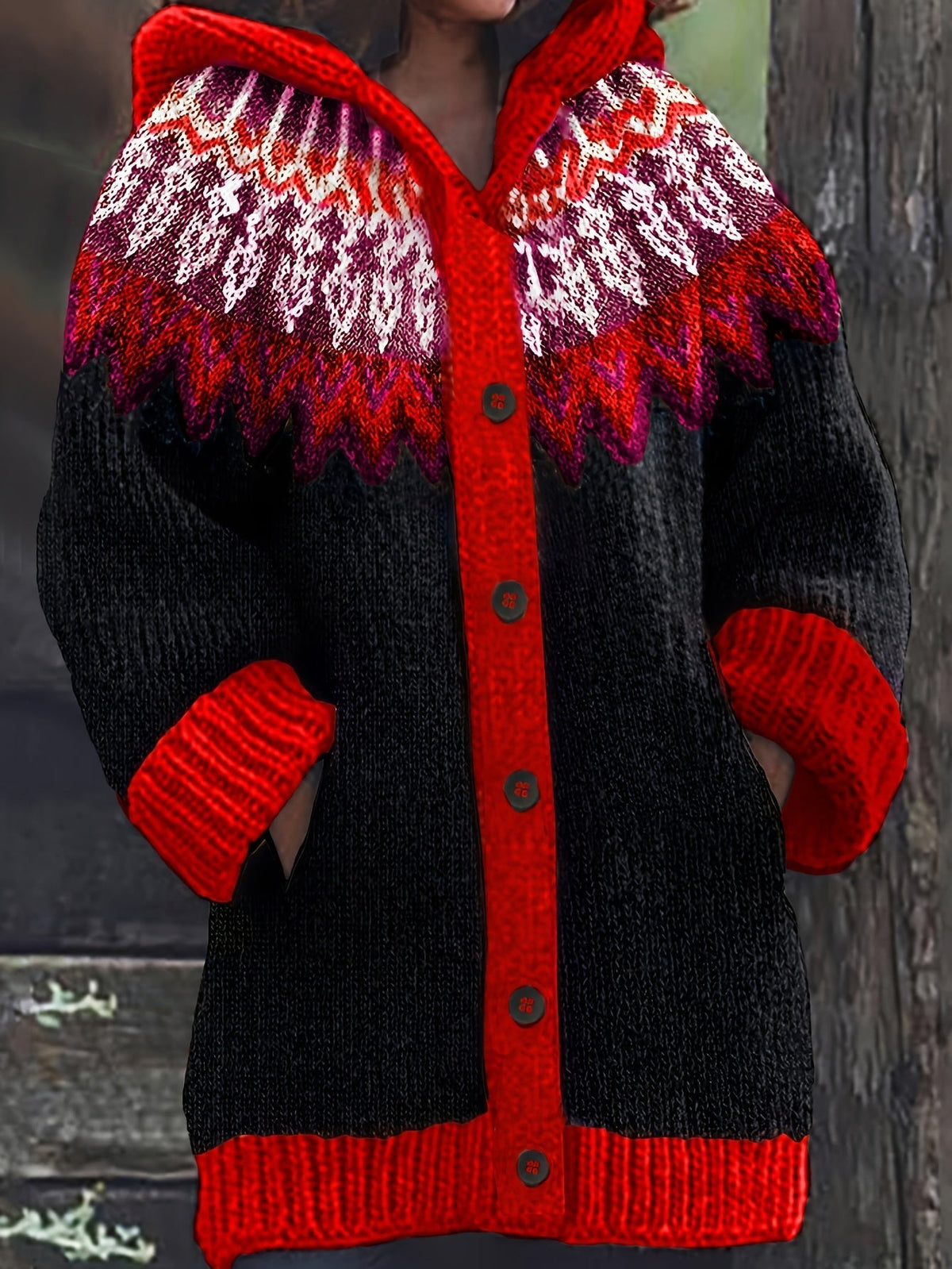 Gulnur | Cardigan con Cappuccio a Motivo Nordico
