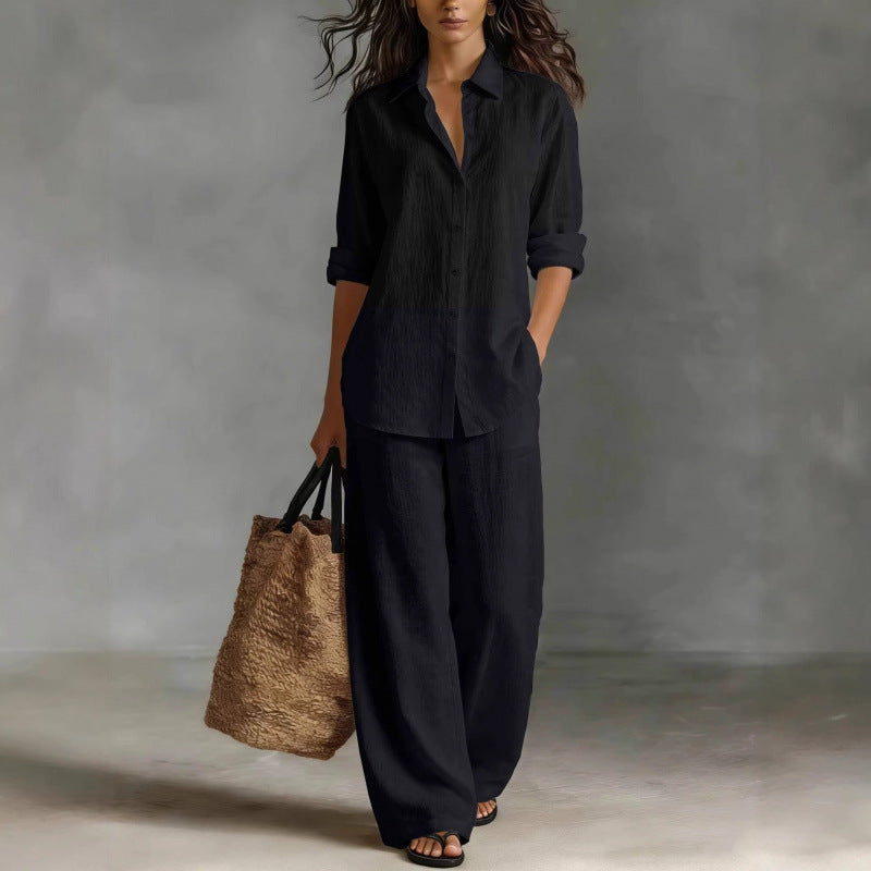 Completo Camicia e Pantaloni Casual in Cotone e Lino da Donna