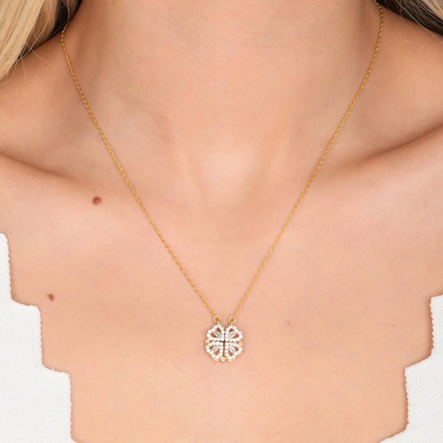 Collana Trifoglio Dorata con Ciondolo Cuore in Pietra di Zircone