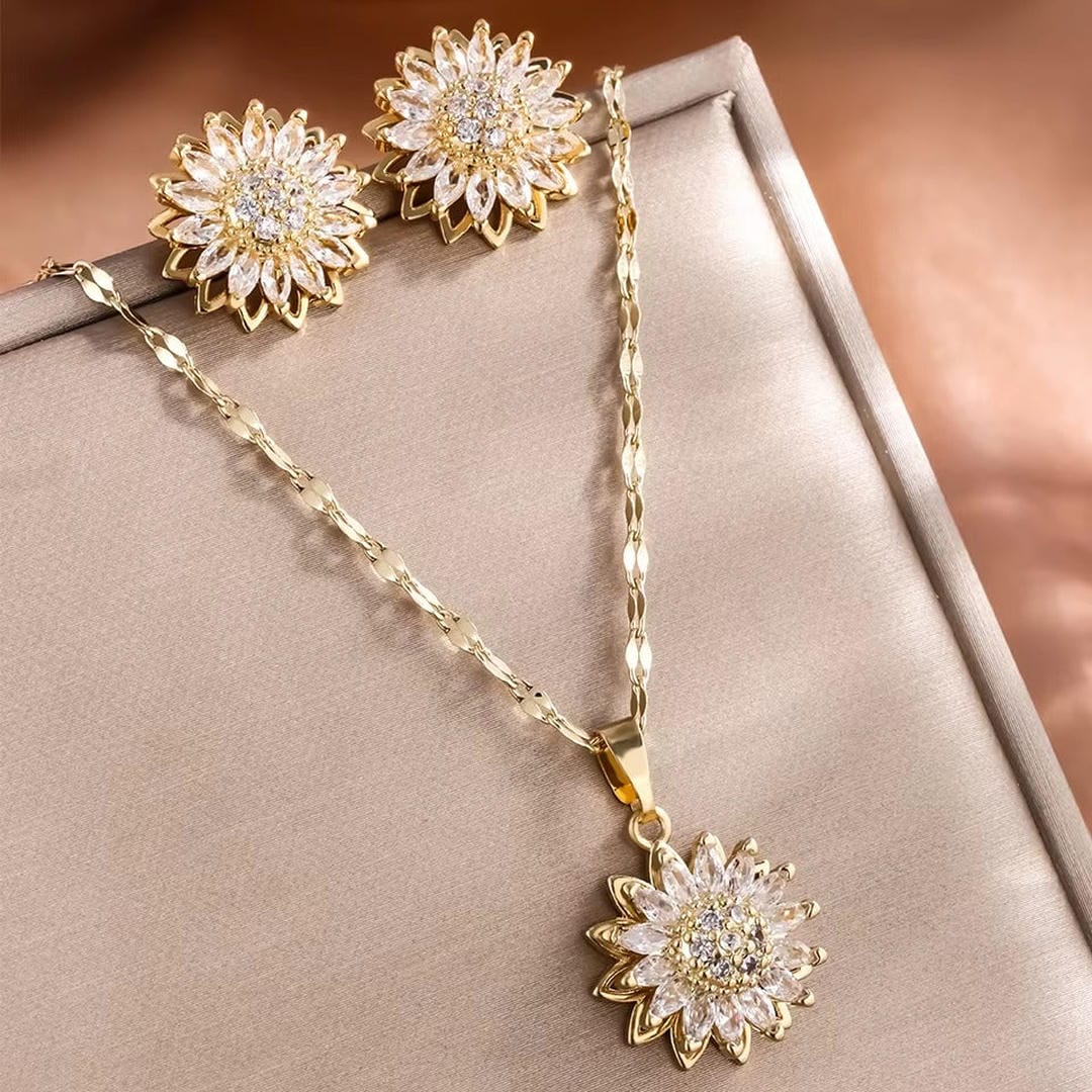Set Collana e Orecchini Girasole Zircone Argento di Tendenza