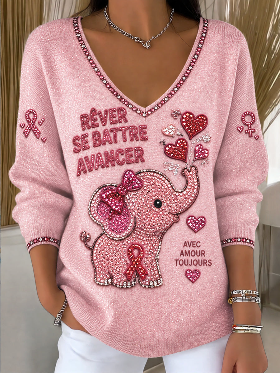 Maglione Casual con Scollo a V e Stampa Elefante per la Campagna contro il Tumore al Seno in Francia