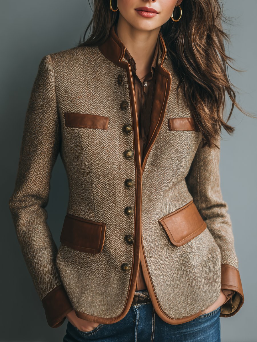 Sophia | Giacca Vintage in Tweed Spina di Pesce con Rifiniture in Pelle e Bottoni