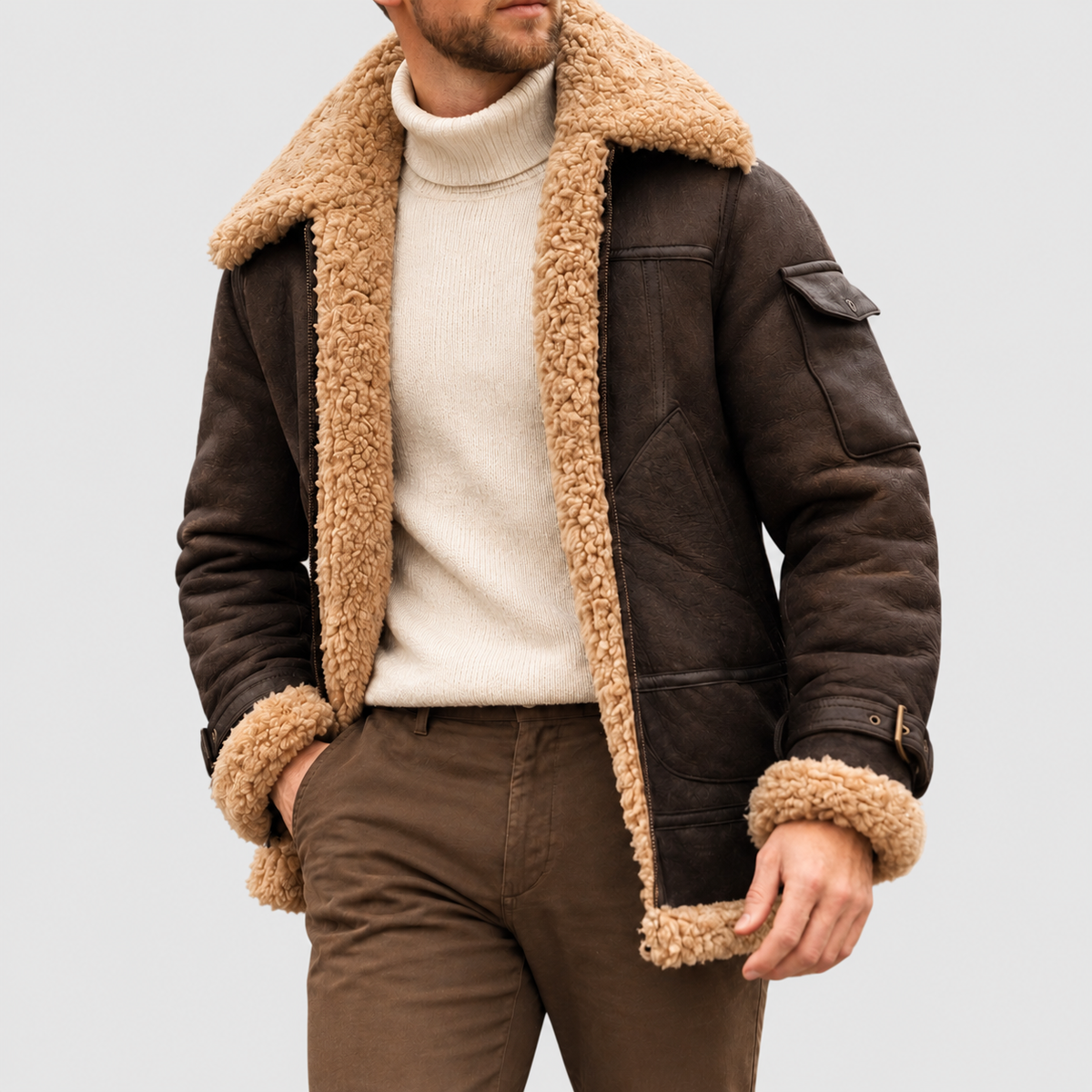 Zeno | Giubbotto Aviatore Effetto Scamosciato con Collo in Shearling